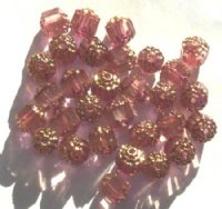 30 8mm Faceted Dark Pink with Antique Gold Coated Ends